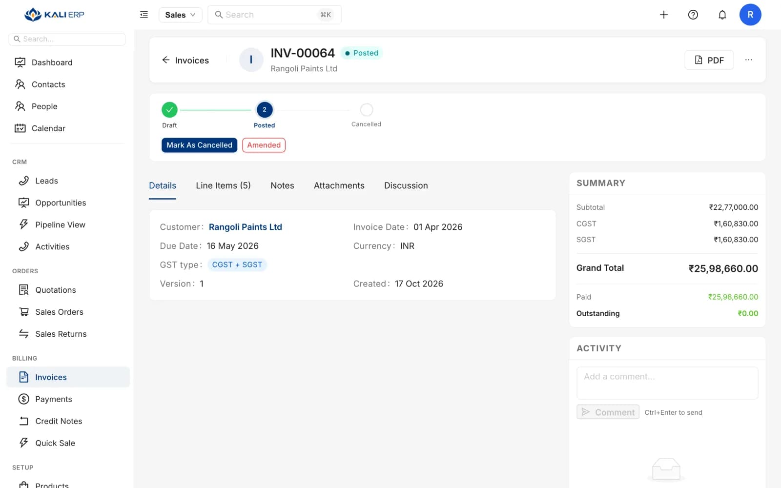 Kali ERP GST invoice with CGST and SGST breakdown and payment status