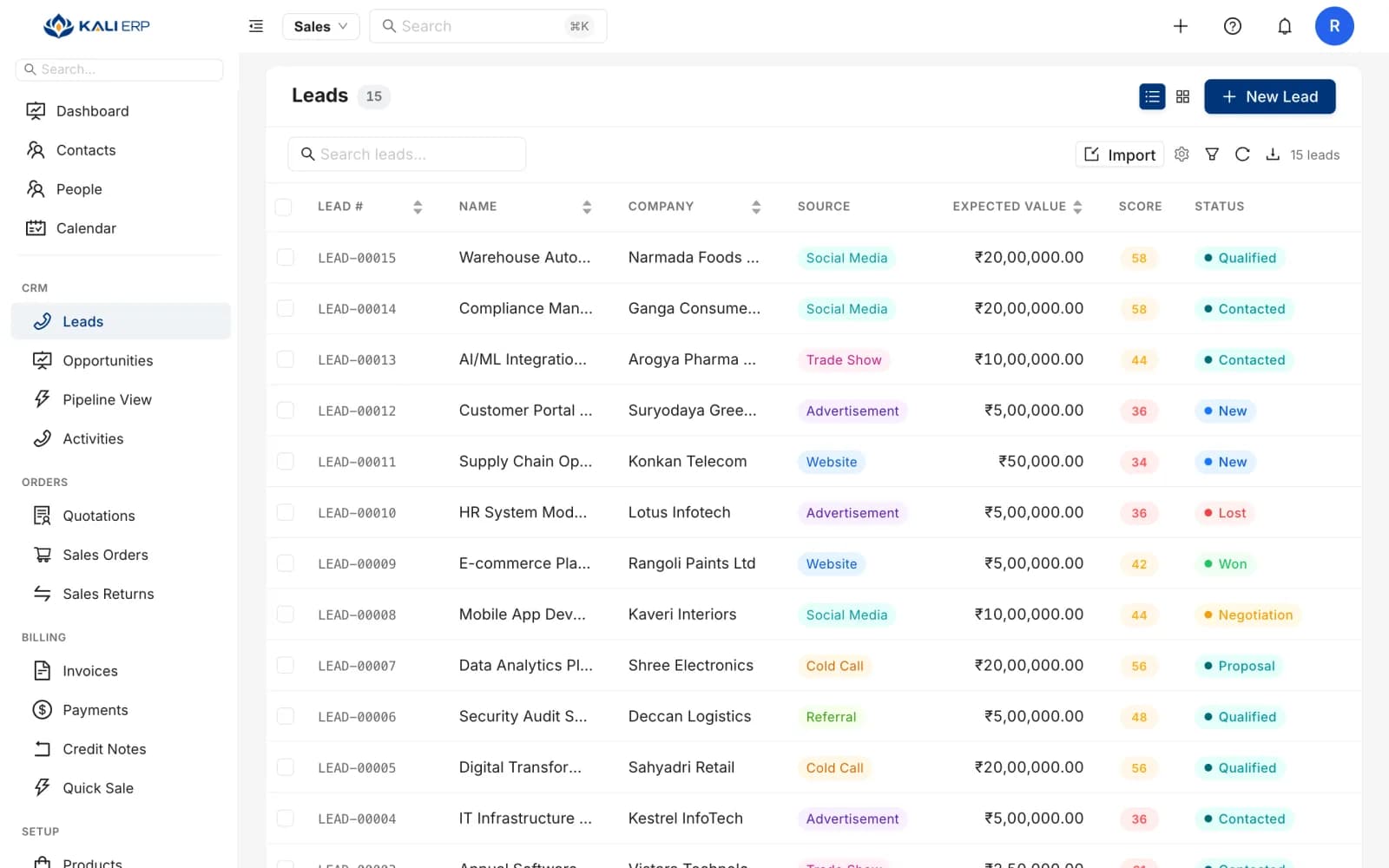 Kali ERP leads list showing lead source, score and status