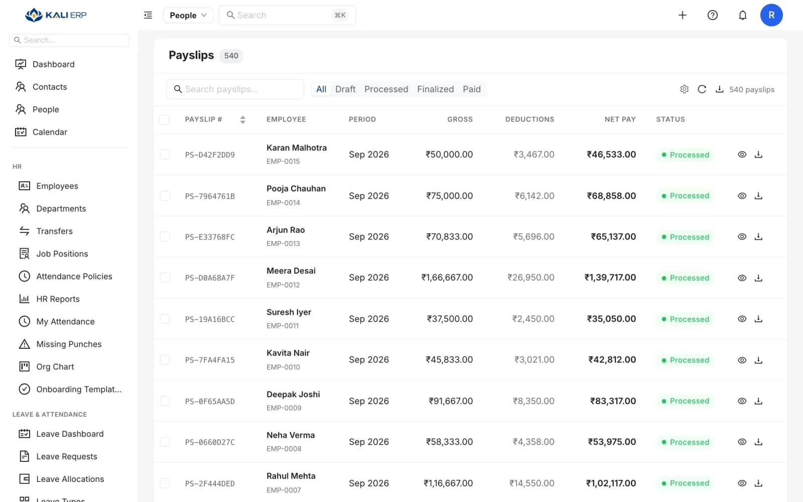 Kali ERP payslips with gross pay, deductions and net pay
