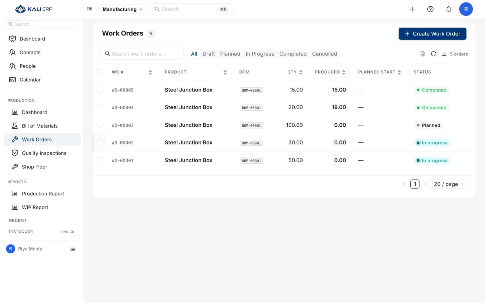 Kali ERP work orders with quantity produced and status