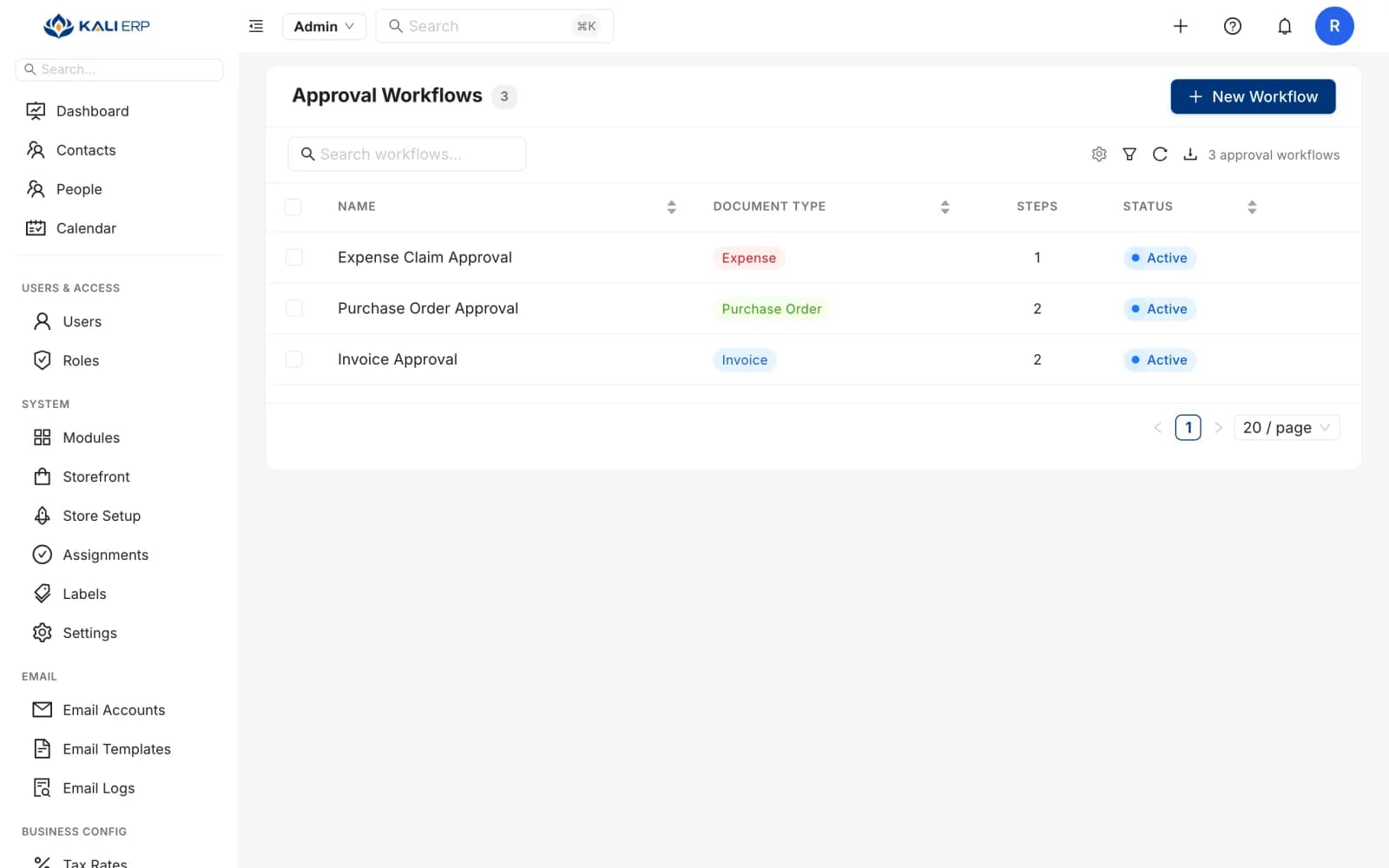 Kali ERP approval workflows for expenses, purchase orders and invoices