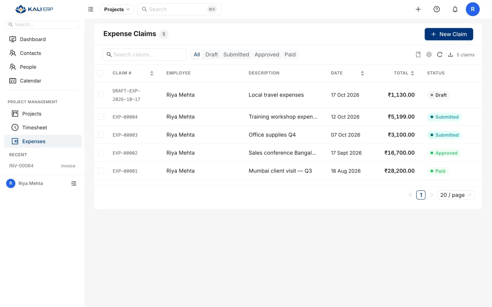 Kali ERP expense claims with approval status